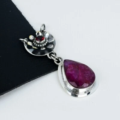 Kashmir Ruby Red Garnet Lab-Created Handmade 925 Sterling Silver Jewelry Pendant - Image 1 of 4