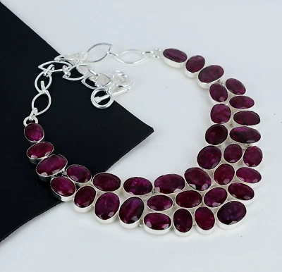 Bello Rosso Rubino Gemma Artigianale 925 Argento Sterling Collana Per Love Gifts - Immagine 1 di 4
