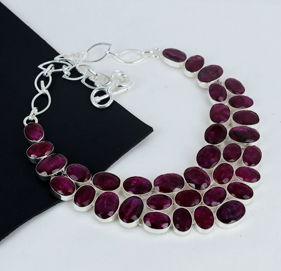 Bello Rosso Rubino Gemma Artigianale 925 Argento Sterling Collana Per Love Gifts - Immagine 1 di 4