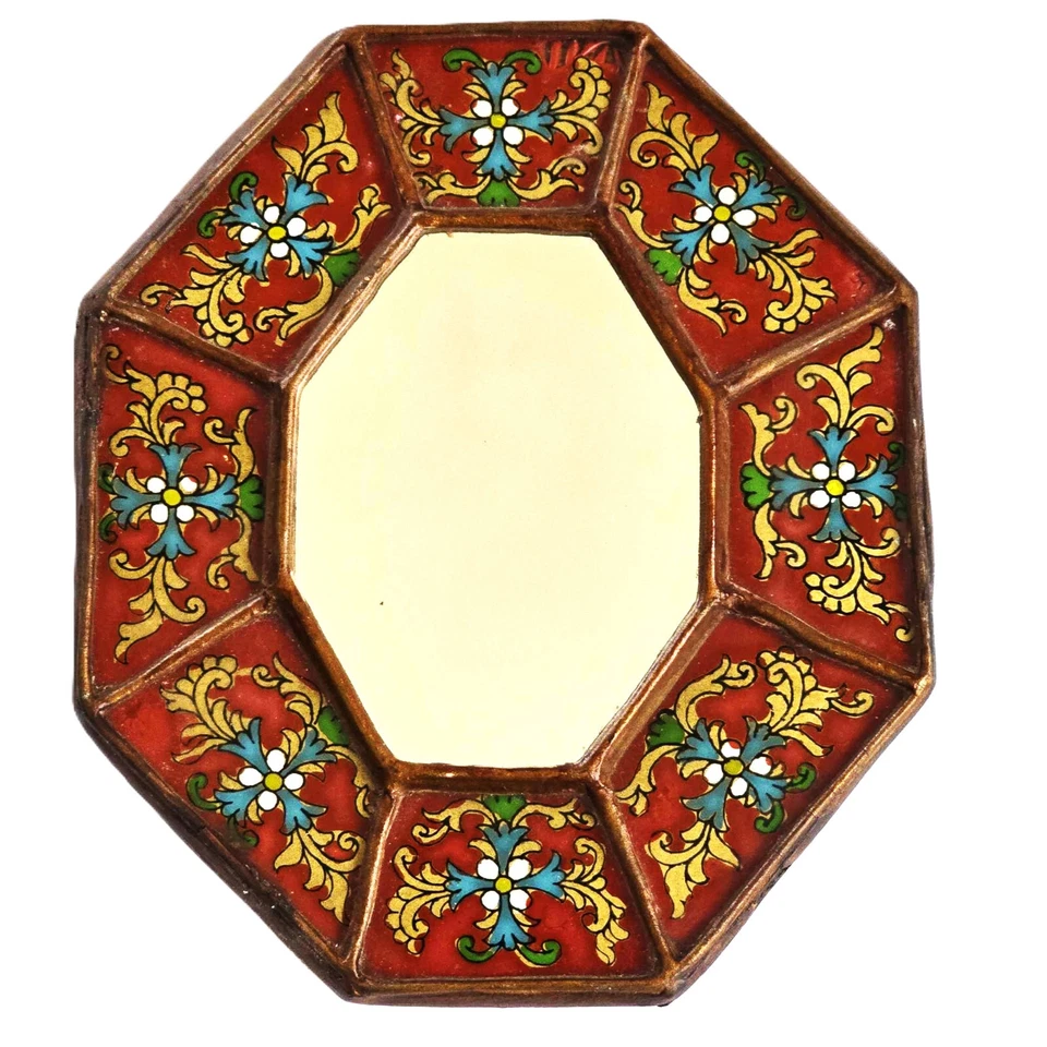 Peruvian Wall Mirror Octagonal Wood Frame Reverse Glass Painting Made Peru - Image 1 of 4