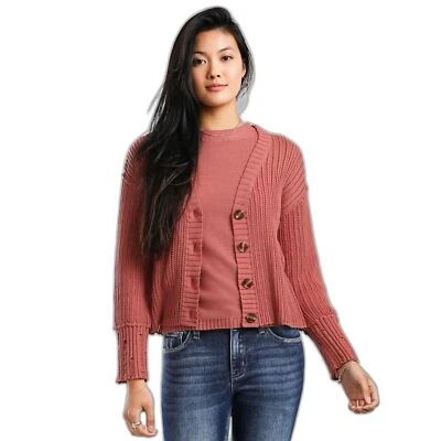 BKE | Conjunto suéter sin mangas y cárdigan Pointelle desgastado en melocotón profundo talla mediana Foto 1 de 4