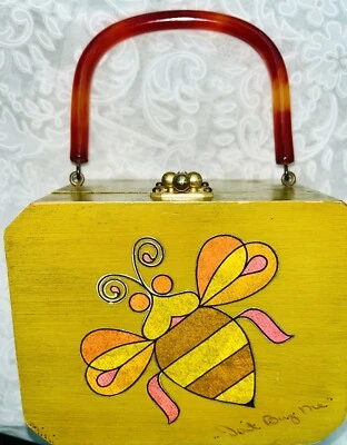 Bolsa de mão vintage caixa de madeira alça de tartaruga mod inseto borboleta Mimi assinada azeitona - Imagem 1 de 4