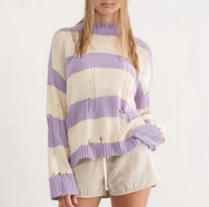 PAPER MOON Damen Pullover lila elfenbein Used-Look Strick Rundhals Oversize Gr. S - Bild 1 von 9