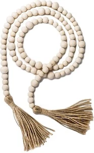 Wood Bead Garland Tassels 72 Inch Natural 6 Feet Handmade Boho Farmhouse Decor - Picture 1 of 6