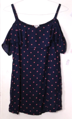 SPLENDID COLD SHOULDER KNIT TOP ladies size M navy blue pink dot crinkle lined - Image 1 of 4