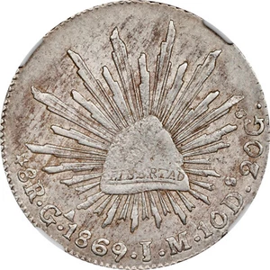 Mexico Silver 8 Reales 1869-Ga JM Guadalajara Mint NGC MS-60! Very Rare! - Picture 1 of 6