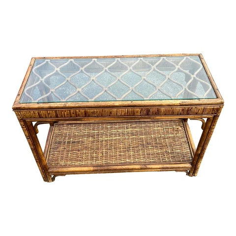 Late 20th Century Brown Boho Chic Style Rattan Wicker Console Sofa Table Cover