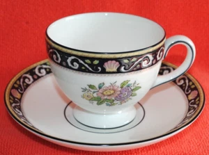 Wedgwood Runnymede Black Pattern Bone China Footed Cups & Saucers England - Picture 1 of 7