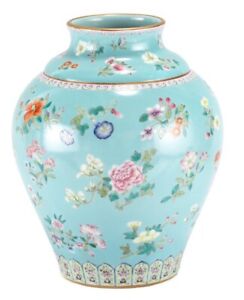 Turquoise Ground Famille Rose Floral Jar Qianlong Mark