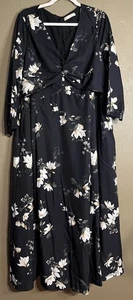 WAYWARD FANCIES eShakti Custom Black Floral V Neck Long Sleeve Long Dress XL - Picture 1 of 10