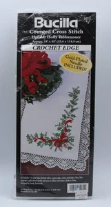BUCILLA Counted Cross Stitch Kit Holiday Holly Tablerunner #84031 Crochet Edge - Picture 1 of 5