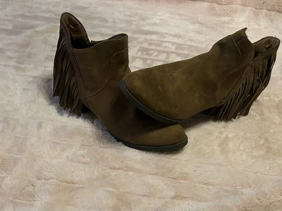 Faded Glory Brown Suede Fringe Ankle Boots Women’s Size  9 Western Boho Style - Image 1 of 4