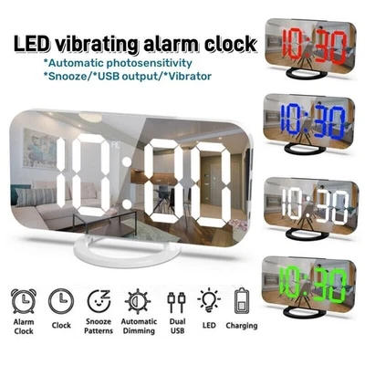 Digital Alarm Clock 6.5" Large LED Mirror Display Dual USB Charger Port Clocks - Image 1 of 2
