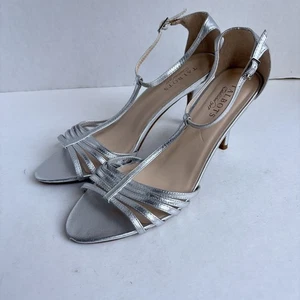 Talbots Ankle Strap Sandal Silver Metallic Stiletto Heels 10 Open Toes Holiday - Picture 1 of 15