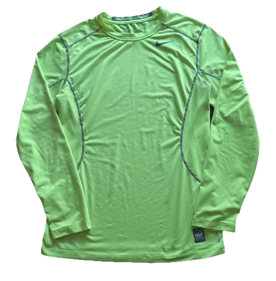 Camisa de Combate Nike Pro Para Hombres S Manga Larga Verde Voltio Ajustada Dri-Fit Gimnasio Pullover Foto 1 de 4