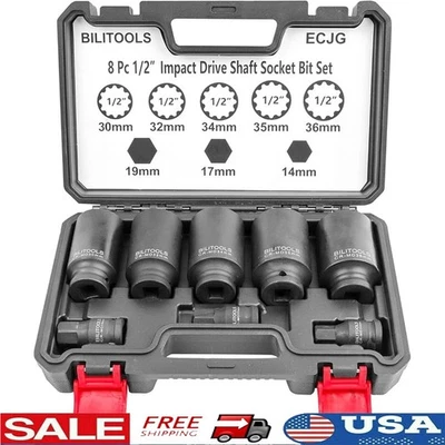 1/2 Inch Drive Deep Axle Nut Impact Socket Set 8 Pieces Chrome Moly Steel New - Image 1 of 4