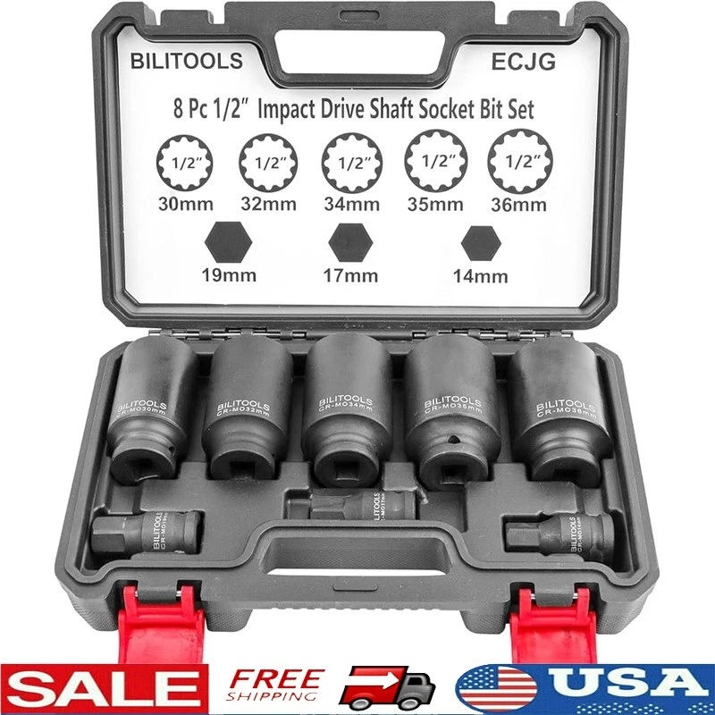 1/2 Inch Drive Deep Axle Nut Impact Socket Set 8 Pieces Chrome Moly Steel New - Image 1 of 4