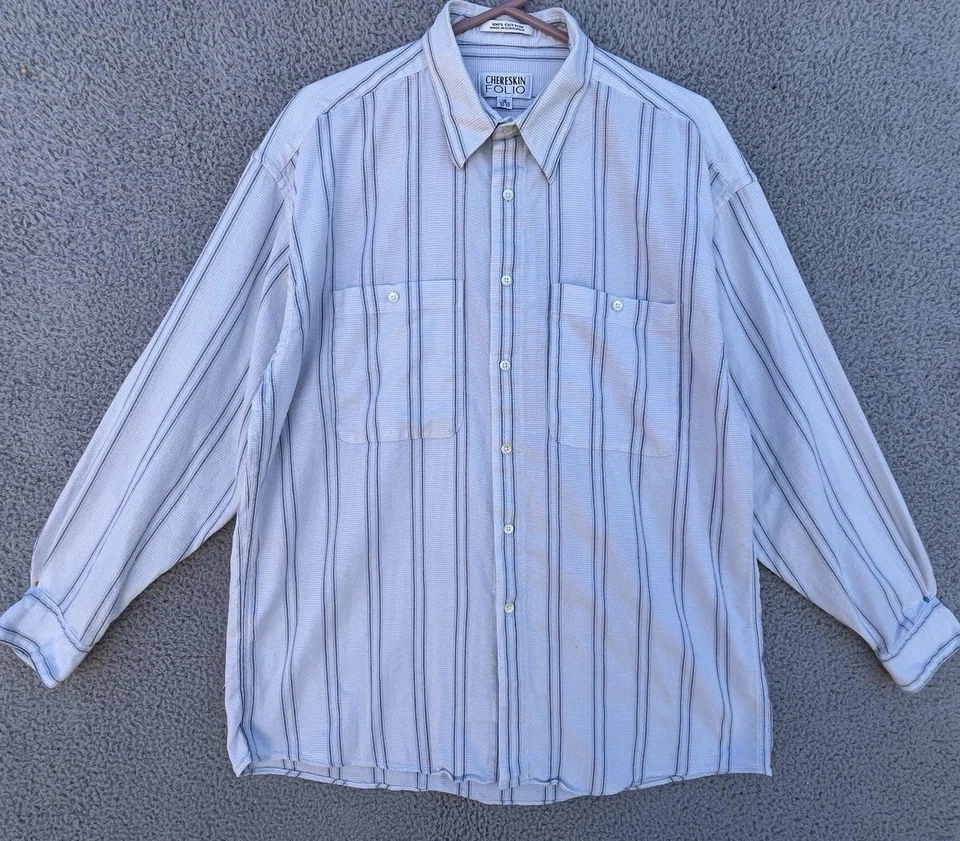 Camisa listrada de algodão branca manga longa Chereskin FOLIO tamanho 16-32/33 com botões - Imagem 1 de 4