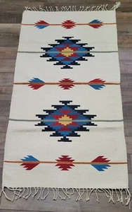 Vintage Native Aztek Design Woven Wool Rug 58" x 32" Beautiful - Picture 1 of 3