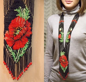 Poppy Beaded Necklace Red Flower Gerdan Necklace for Women Ukrainian Jewelry - Picture 1 of 19