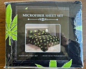 Topfblatt Druck vor schwarzem Hintergrund - 4 Stück Mikrofaser Lakenset -- Königin - Bild 1 von 2
