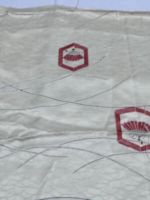 Vintage Japanese kiomono fabric silk White Base Fans Wonderful Drape v16 - Image 1 of 4