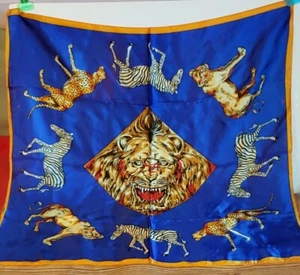 Blue Scarf Roaring Lion w/ Zebras Cheetahs Lioness 27.5" x 28" Suitable Framing - Picture 1 of 6
