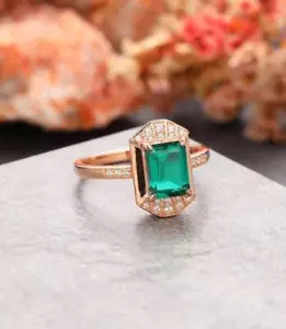 Natürliches Grün Smaragd Und Diamanten Edelstein Verlobungsring 14K Rotgold Ring - Bild 1 von 5