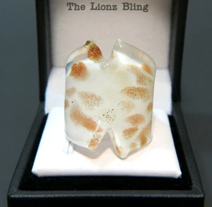Art Deco Opalescent White with Gold Fleck Hand Blown Glass Bling Ring sz 7.25 - Picture 1 of 4