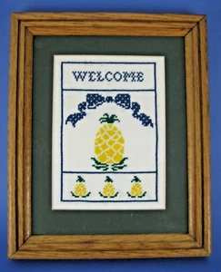 Framed Completed Cross Stitch Embroidery Pineapple Welcome Yellow Blue Green - Picture 1 of 2