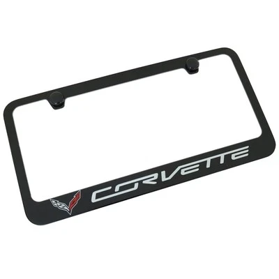 C7 Corvette Black License Plate Frame w/Crossed Flags Logo - Image 1 of 4