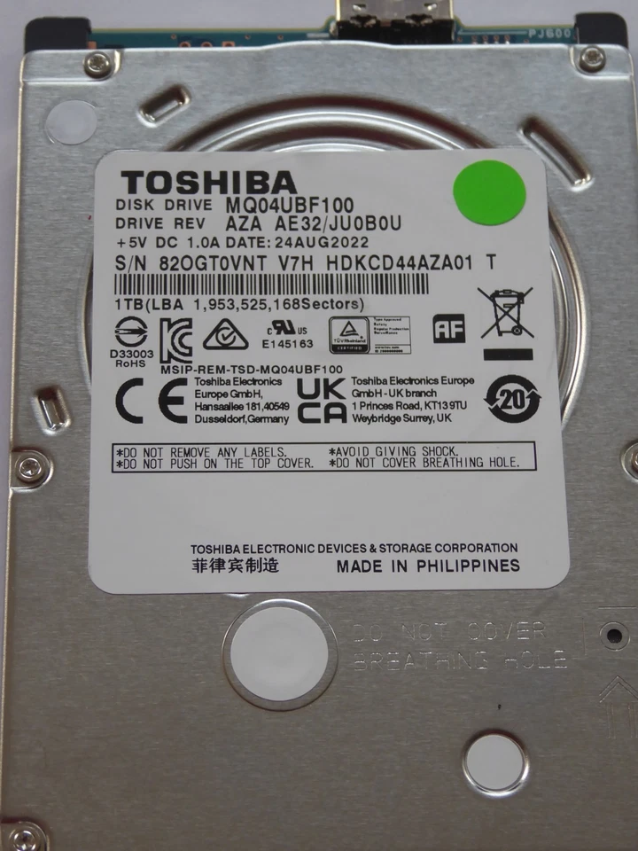 MQ04UBF100 AZA AE32 /JU0B0U 24 AUG 2022 HDKCD44AZA01 T Toshiba 1TB - Bild 1 von 1