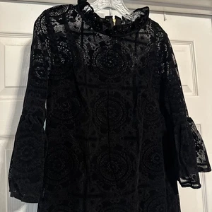 Calvin Klein Womens Size 10 Burnout Velvet Lace Bell-Sleeve Dress Ruffle Neck - Picture 1 of 6