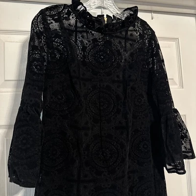 Calvin Klein Womens Size 10 Burnout Velvet Lace Bell-Sleeve Dress Ruffle Neck - Image 1 of 4