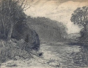 David Waterson Graphitzeichnung Flusslandschaft 1902 - Bild 1 von 4