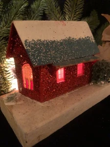 Vintage Weihnachten ~ Putz Haus ~ Pappe Schnee Dorf ~ glitzernd ~ Japan - Bild 1 von 13