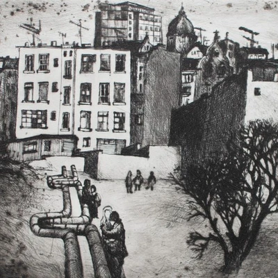 Lutz Voigtmann Liebespaar im Stadtpark Stadt DDR Ostdeutsche Kunst Radierung - Bild 1 von 3