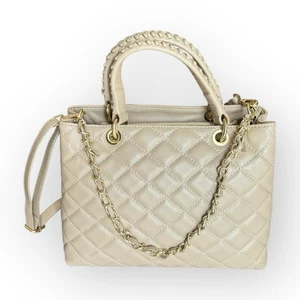 Elegant Taupe Quilted Leather Bag – Chain Strap & Top Handles – Made in ITALY - Picture 1 of 20