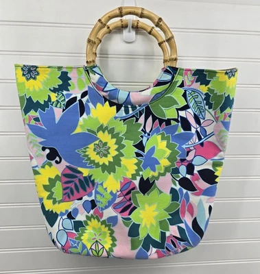 Talbots 花卉钱包托特包织物竹柄游轮海滩市场购物袋 — 第 1/4 张图片