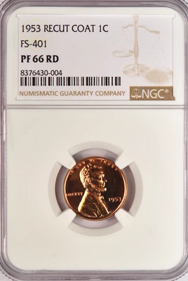 1953 Lincoln Cent Proof RECUT COAT FS-401 NGC PF 66 RD PR66RD Variety Coin 1C - Image 1 of 2