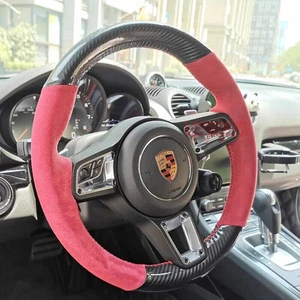 Carbon Fiber&Red Suede Leather Steering Wheel Wrap Cover Fit For Porsche Cayenne - Picture 1 of 8