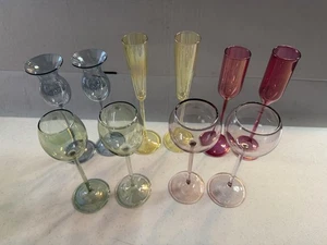 (15) Lot Bohemian Glass Stemware Pairs And Singles - Iridescent Green Blue Twist - Picture 1 of 11