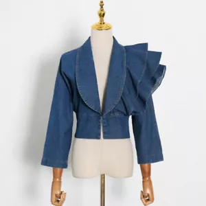 Damen Jeansjacke Mantel Rüschen Falbala Asymmetrisch V Hals Jeans Top Kurz Chic - Bild 1 von 12