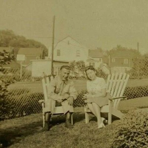 Man Woman Sitting Adirondack Chair Yard B&W Photograph Snapshot 2.75 x 4.5 - Picture 1 of 3