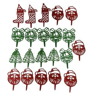 VTG Christmas 2” Cupcake Picks Cake Toppers Red Green Santa Tree Wreath Stocking - Picture 1 of 5