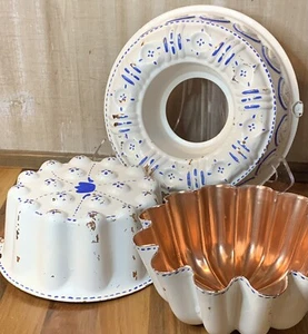 Copper Tone Mold Gelatin Cake Pan Set Of 3 Handpainted Blue/White 8.5”, 7”, 7” - Picture 1 of 16