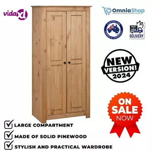 Wooden Wardrobe 2-Door Clothes Cabinet Closet Storage Solid Pine Wood - Brown - Picture 1 of 8