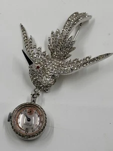 Vintage alte Strass Topf Metall Vogel im Flug Brosche Welsbro Uhr Anstecknadel - Bild 1 von 15