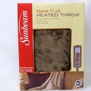 Sunbeam Tan Light Brown Heated Plush Throw 50" x 60" 3 Settings 3 Hour Auto Off - Picture 1 of 4