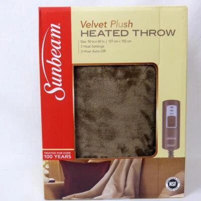Sunbeam Tan Light Brown Heated Plush Throw 50" x 60" 3 Settings 3 Hour Auto Off - Image 1 of 4